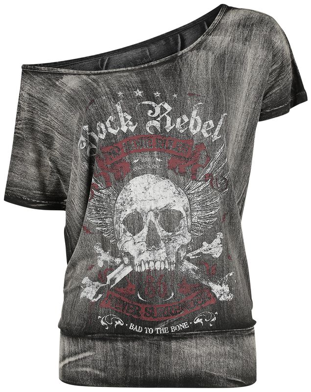 Mørke Grå T-Skjorte med Wide Neckline og Print