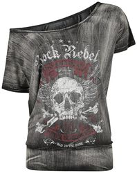 Mørke Grå T-Skjorte med Wide Neckline og Print, Rock Rebel by EMP, T-skjorte