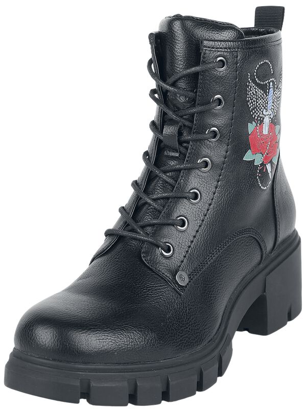 Svart lace-up boots med roseprint og rhinestones