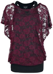 Bordeaux red lace shirt with black top, Black Premium by EMP, T-skjorte